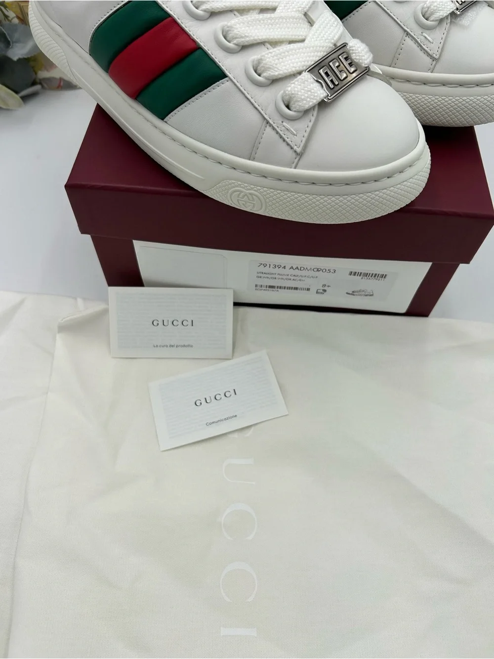 Men's Gucci White Leather ace Sneakers with  web, stripe size 8.5 fits 9.5 US